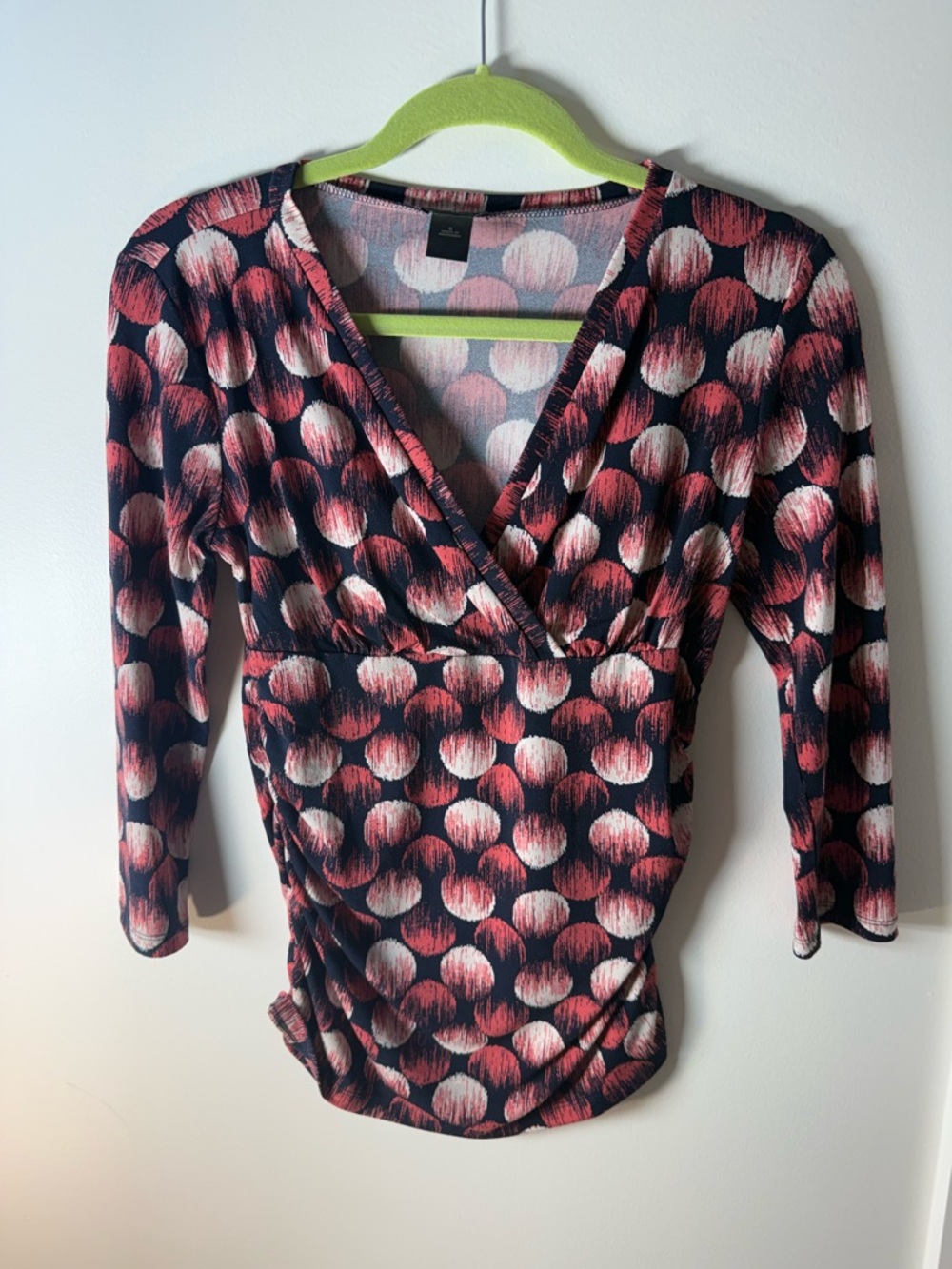 Ann Taylor Navy Wrap-Style Top with Pink and Cream Dot Motif